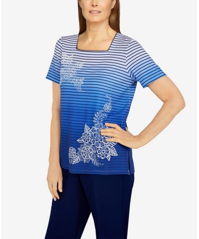 Petite Size Happy Hour Ombre Striped Floral Knit Top Blue $27.80 Tops