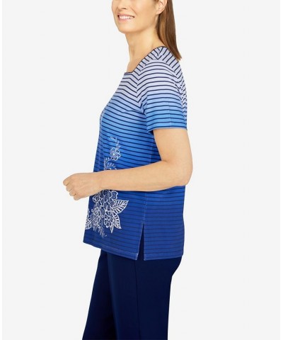 Petite Size Happy Hour Ombre Striped Floral Knit Top Blue $27.80 Tops