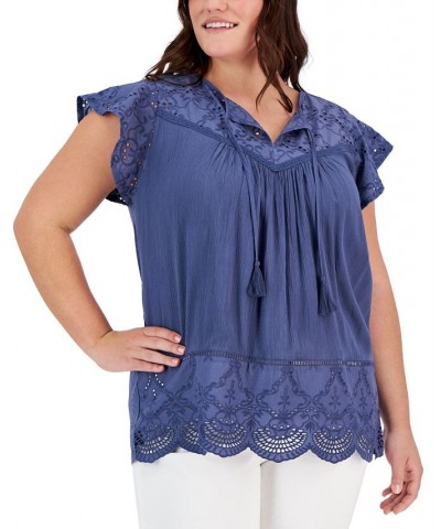 Plus Size Eyelet Split-Neck Blouse Blue $34.06 Tops