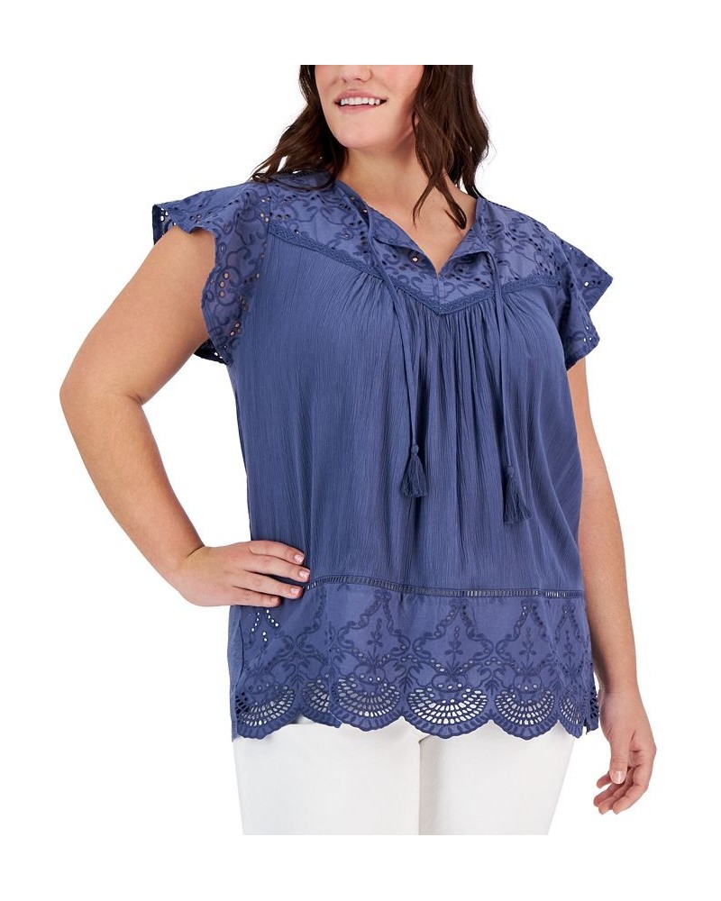 Plus Size Eyelet Split-Neck Blouse Blue $34.06 Tops