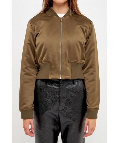 Women's Cropped Satin Effect Bomber Jacket Olive $42.90 Jackets