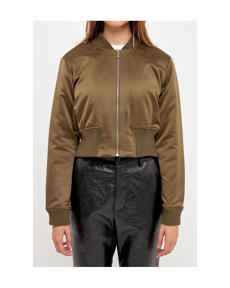 Women's Cropped Satin Effect Bomber Jacket Olive $42.90 Jackets