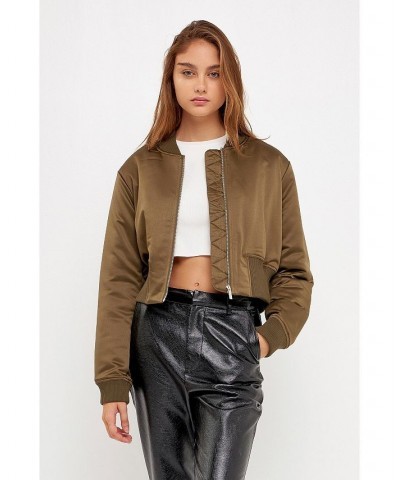 Women's Cropped Satin Effect Bomber Jacket Olive $42.90 Jackets