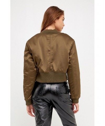 Women's Cropped Satin Effect Bomber Jacket Olive $42.90 Jackets