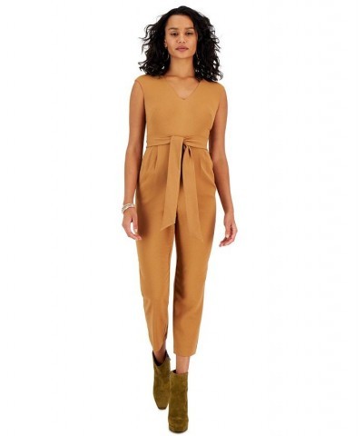 Women's V-Neck Tie-Waist Jumpsuit Toasted Almond $41.42 Pants