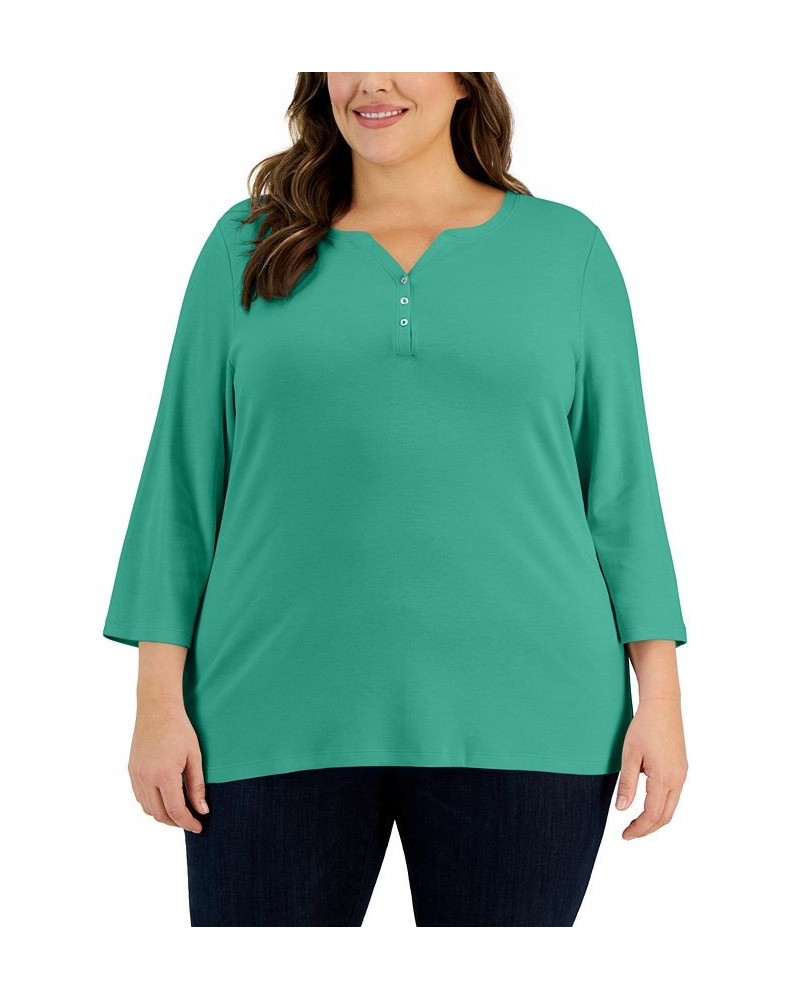 Plus Size 3/4-Sleeve Henley Top Shell Pink $8.79 Tops