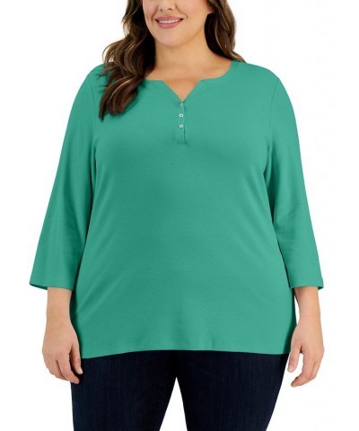 Plus Size 3/4-Sleeve Henley Top Shell Pink $8.79 Tops