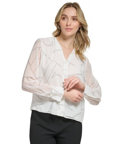 Women's Long-Sleeve V-Neck Logo Blouse White $36.70 Tops