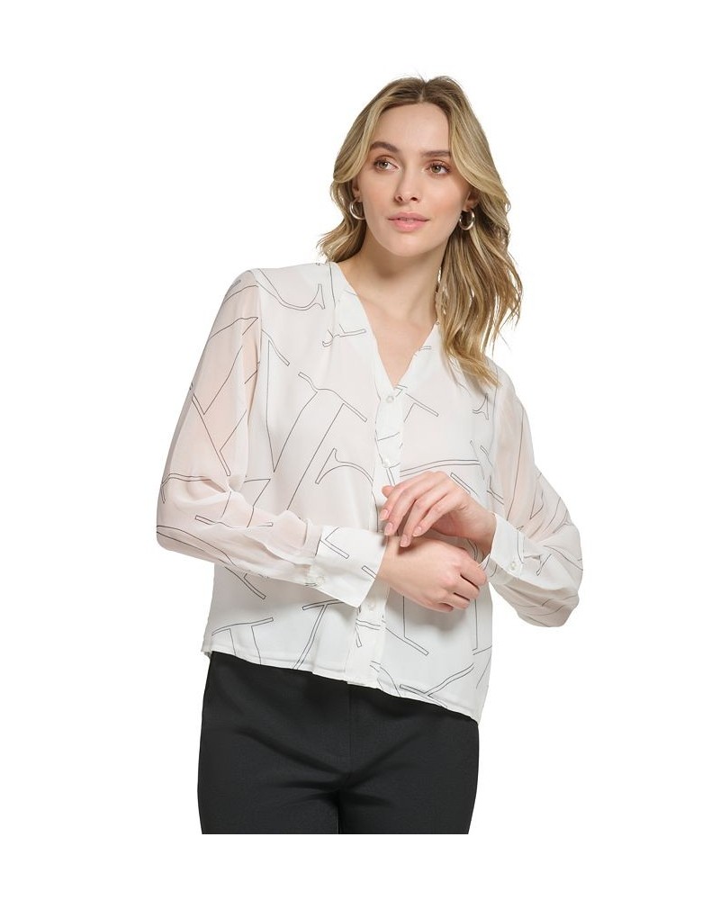 Women's Long-Sleeve V-Neck Logo Blouse White $36.70 Tops