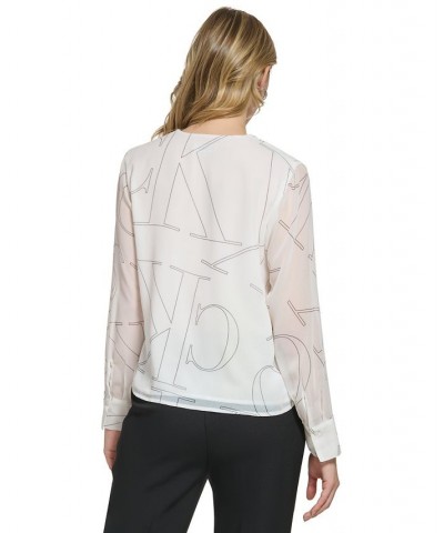 Women's Long-Sleeve V-Neck Logo Blouse White $36.70 Tops