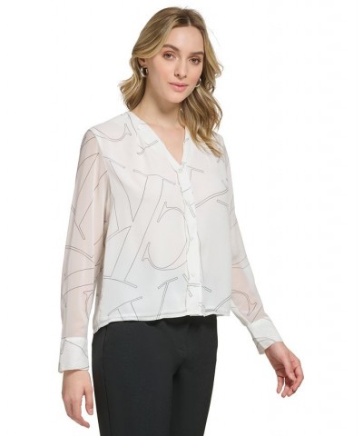 Women's Long-Sleeve V-Neck Logo Blouse White $36.70 Tops