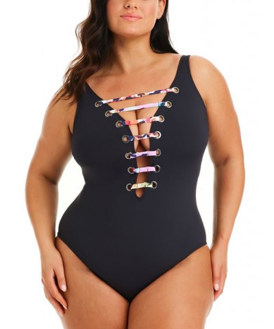 Plus Size Party Animal Plunge One-Piece Swimsuit Black $75.95 Swimsuits