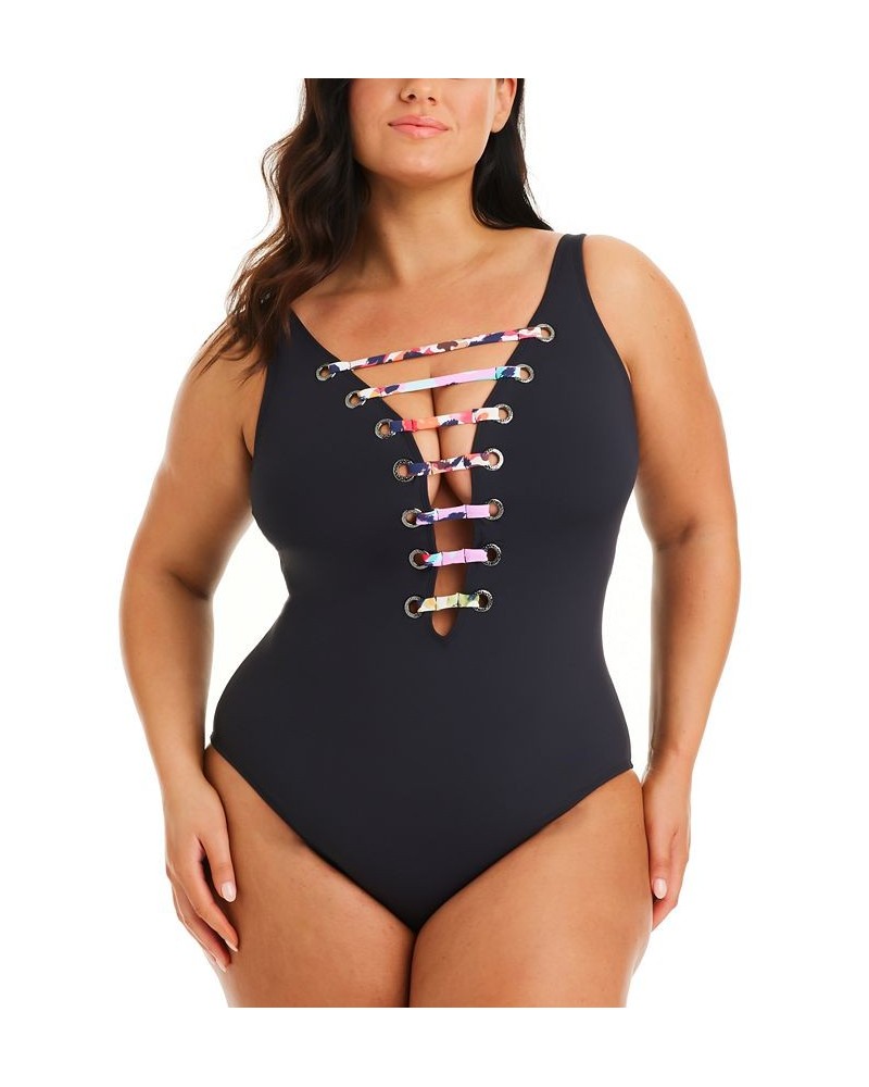 Plus Size Party Animal Plunge One-Piece Swimsuit Black $75.95 Swimsuits