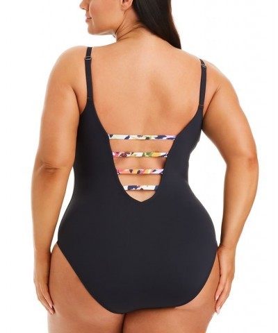 Plus Size Party Animal Plunge One-Piece Swimsuit Black $75.95 Swimsuits