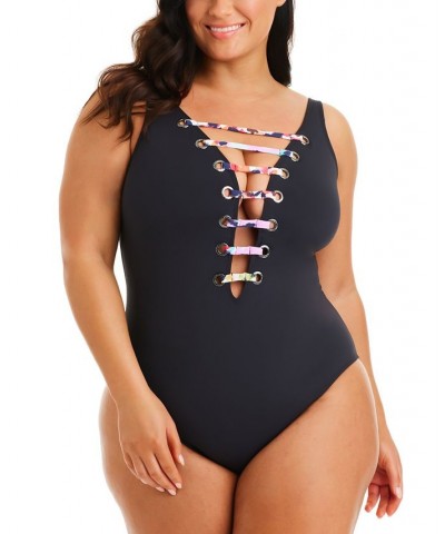 Plus Size Party Animal Plunge One-Piece Swimsuit Black $75.95 Swimsuits