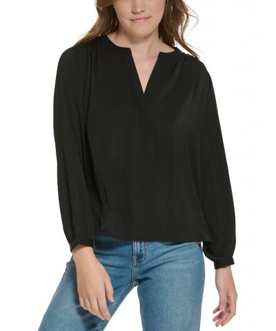 Petite Long-Sleeve Henley Top Black $24.88 Tops