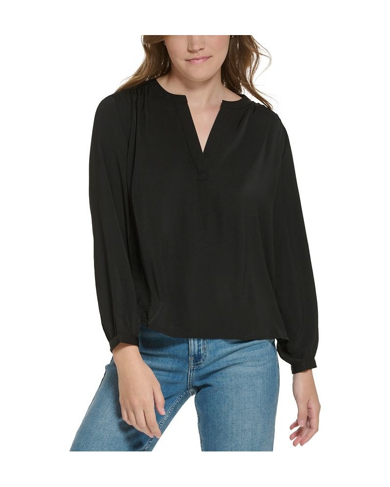 Petite Long-Sleeve Henley Top Black $24.88 Tops