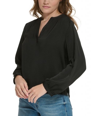 Petite Long-Sleeve Henley Top Black $24.88 Tops