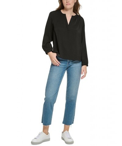 Petite Long-Sleeve Henley Top Black $24.88 Tops