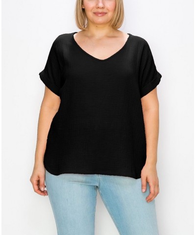 Plus Size Gauze V-neck Rolled Sleeve Top Black $21.50 Tops