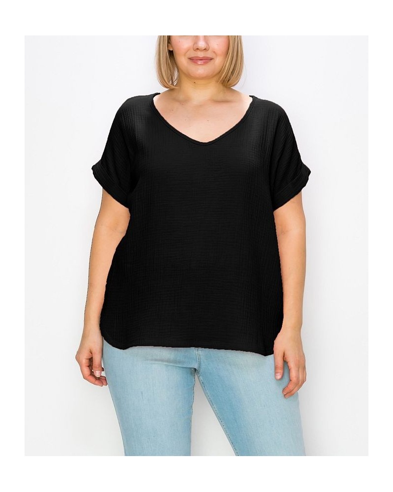 Plus Size Gauze V-neck Rolled Sleeve Top Black $21.50 Tops