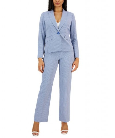 Gingham Single-Button Closure Blazer and Straight Leg Mid-Rise Pantsuit Regular and Petite Sizes Blue $121.00 Suits