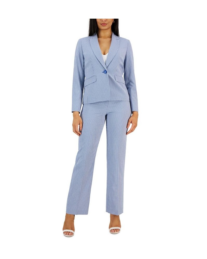 Gingham Single-Button Closure Blazer and Straight Leg Mid-Rise Pantsuit Regular and Petite Sizes Blue $121.00 Suits