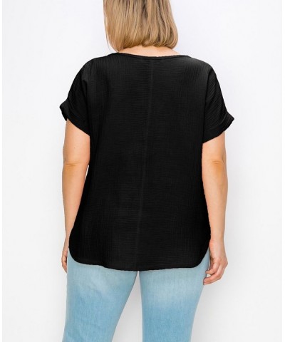 Plus Size Gauze V-neck Rolled Sleeve Top Black $21.50 Tops