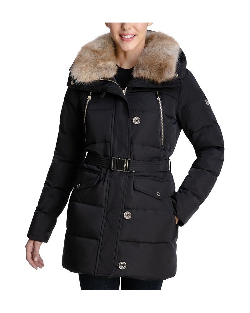 Petite Belted Faux-Fur-Collar Down Puffer Coat Black $86.40 Coats