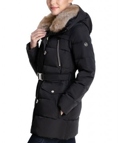 Petite Belted Faux-Fur-Collar Down Puffer Coat Black $86.40 Coats