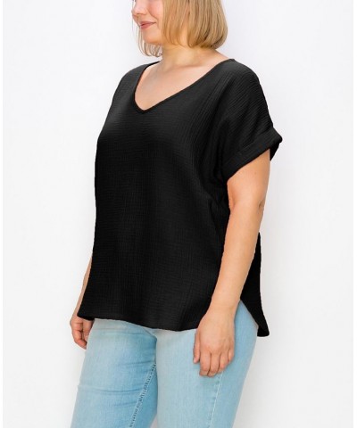 Plus Size Gauze V-neck Rolled Sleeve Top Black $21.50 Tops