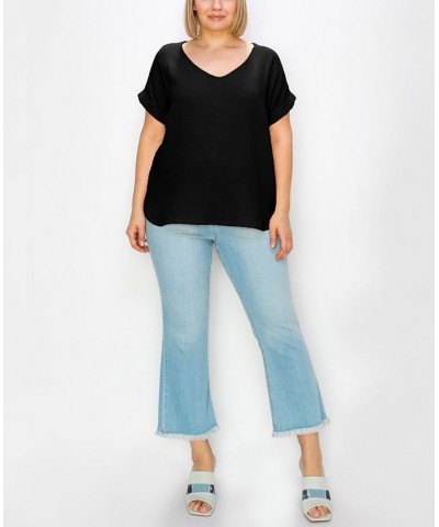 Plus Size Gauze V-neck Rolled Sleeve Top Black $21.50 Tops