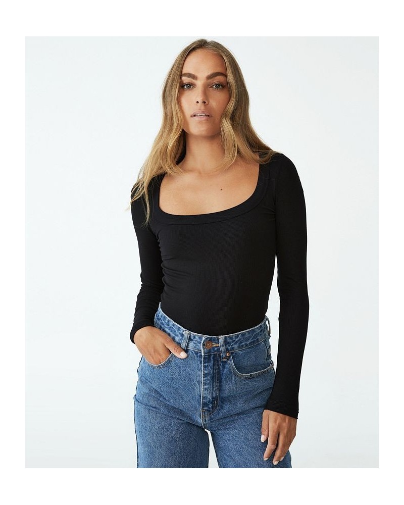 Women's Staple Rib Scoop Neck Long Sleeve Top Black $19.24 Tops