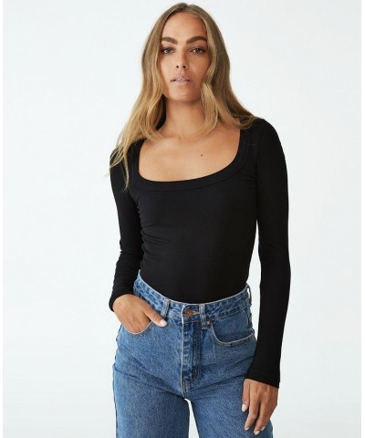 Women's Staple Rib Scoop Neck Long Sleeve Top Black $19.24 Tops