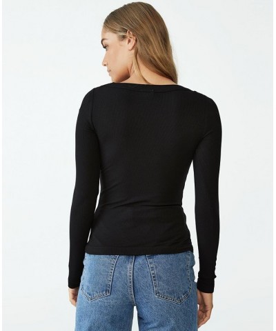 Women's Staple Rib Scoop Neck Long Sleeve Top Black $19.24 Tops