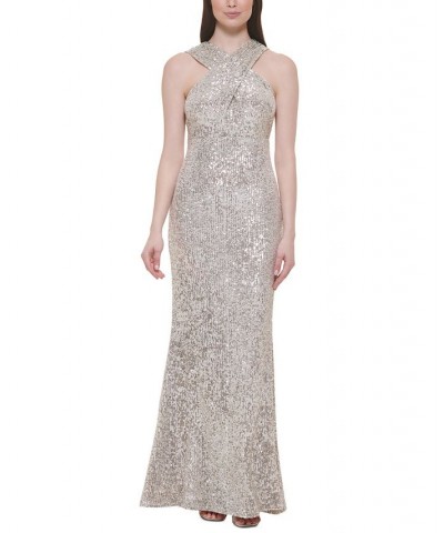 Petite Sequined Crisscross Halter Empire-Waist Gown Champagne $91.74 Dresses