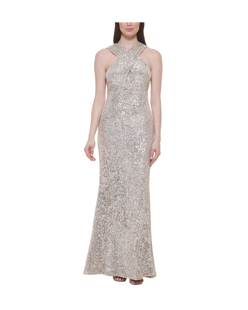 Petite Sequined Crisscross Halter Empire-Waist Gown Champagne $91.74 Dresses