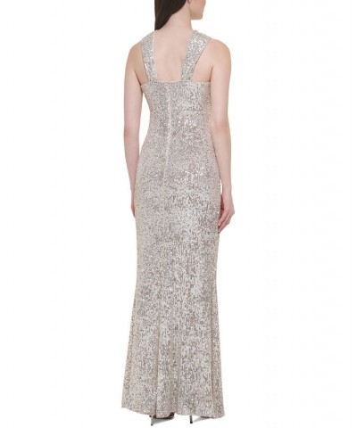 Petite Sequined Crisscross Halter Empire-Waist Gown Champagne $91.74 Dresses