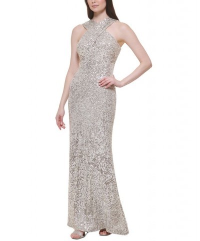 Petite Sequined Crisscross Halter Empire-Waist Gown Champagne $91.74 Dresses