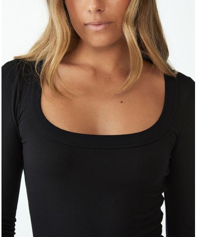 Women's Staple Rib Scoop Neck Long Sleeve Top Black $19.24 Tops