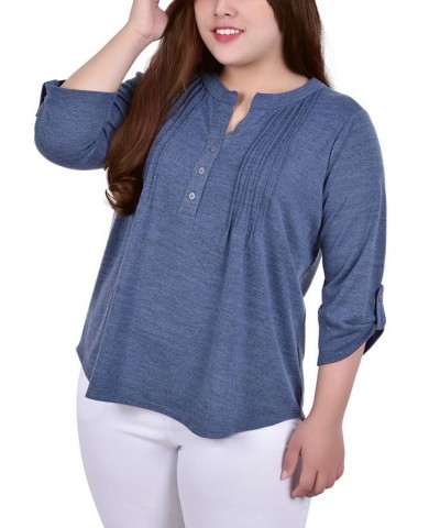 Plus Size 3/4 Roll Tab Sleeve Y Neck Top Blue $16.06 Tops