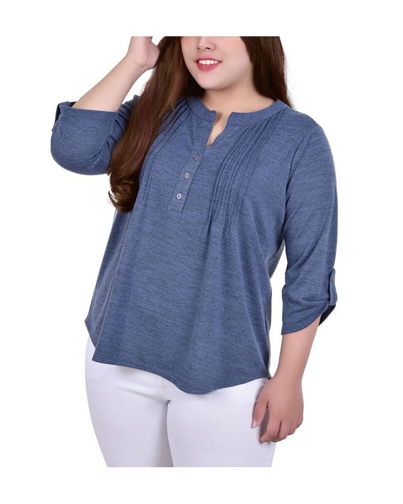 Plus Size 3/4 Roll Tab Sleeve Y Neck Top Blue $16.06 Tops