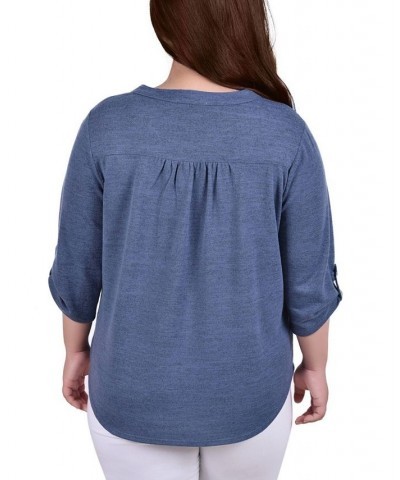 Plus Size 3/4 Roll Tab Sleeve Y Neck Top Blue $16.06 Tops