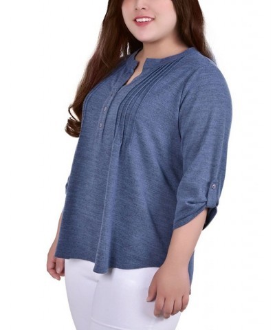 Plus Size 3/4 Roll Tab Sleeve Y Neck Top Blue $16.06 Tops