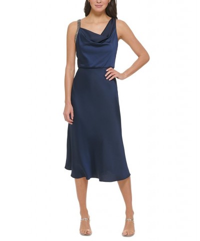 Women's Crepe Satin Cowlneck Midi Dress With Embellished Straps Navy $62.70 Dresses