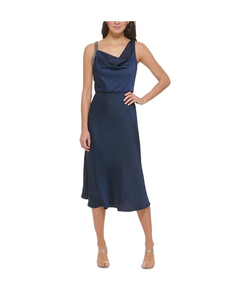 Women's Crepe Satin Cowlneck Midi Dress With Embellished Straps Navy $62.70 Dresses