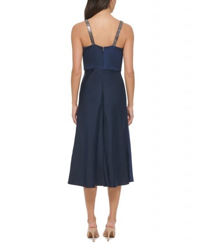 Women's Crepe Satin Cowlneck Midi Dress With Embellished Straps Navy $62.70 Dresses