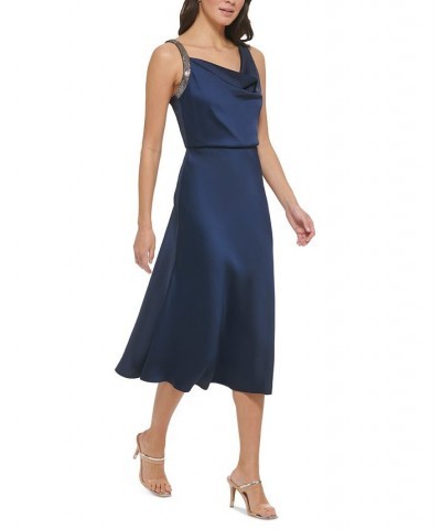 Women's Crepe Satin Cowlneck Midi Dress With Embellished Straps Navy $62.70 Dresses