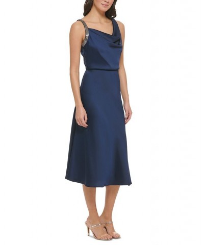 Women's Crepe Satin Cowlneck Midi Dress With Embellished Straps Navy $62.70 Dresses