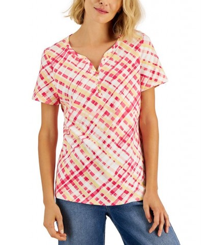 Women's Plaid Relaxed Henley Knit Top Red $11.99 Tops